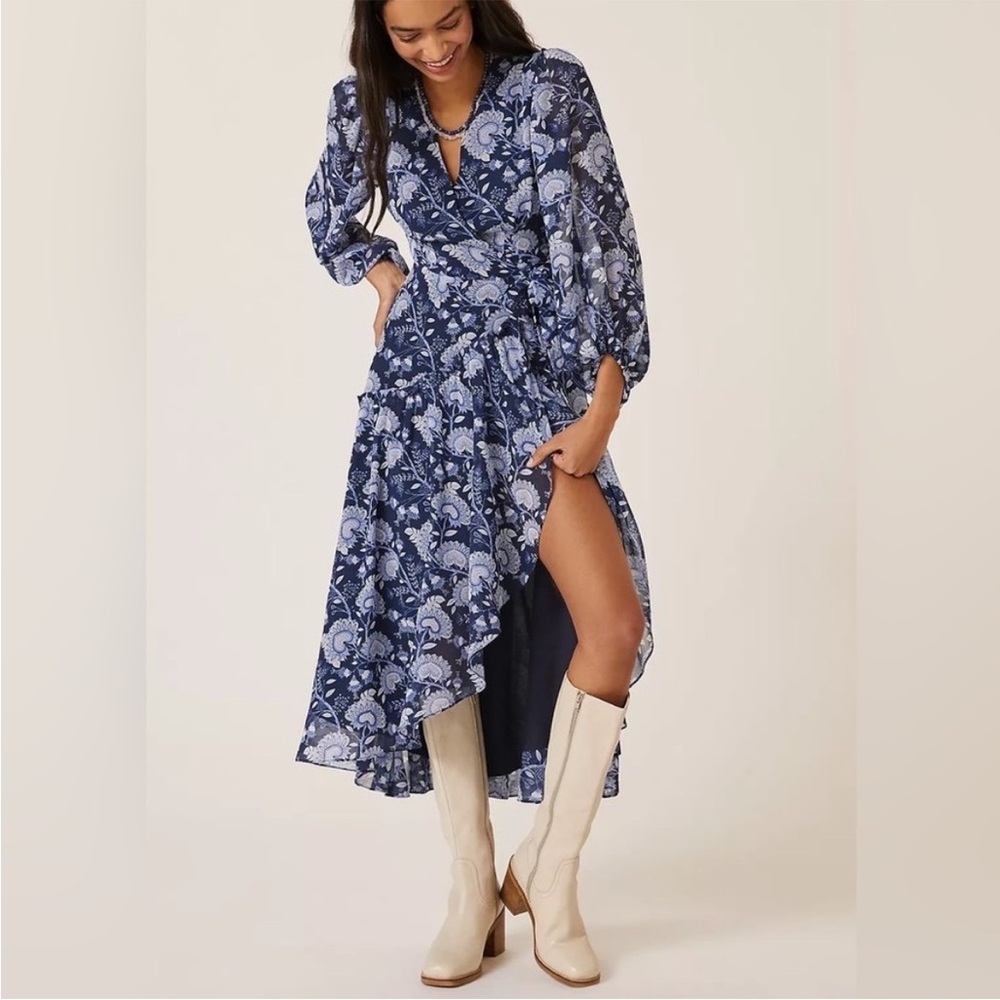 HUTCH Anthropologie Geo Paisley Floral Wrap Ruffle Midi Dress size XS